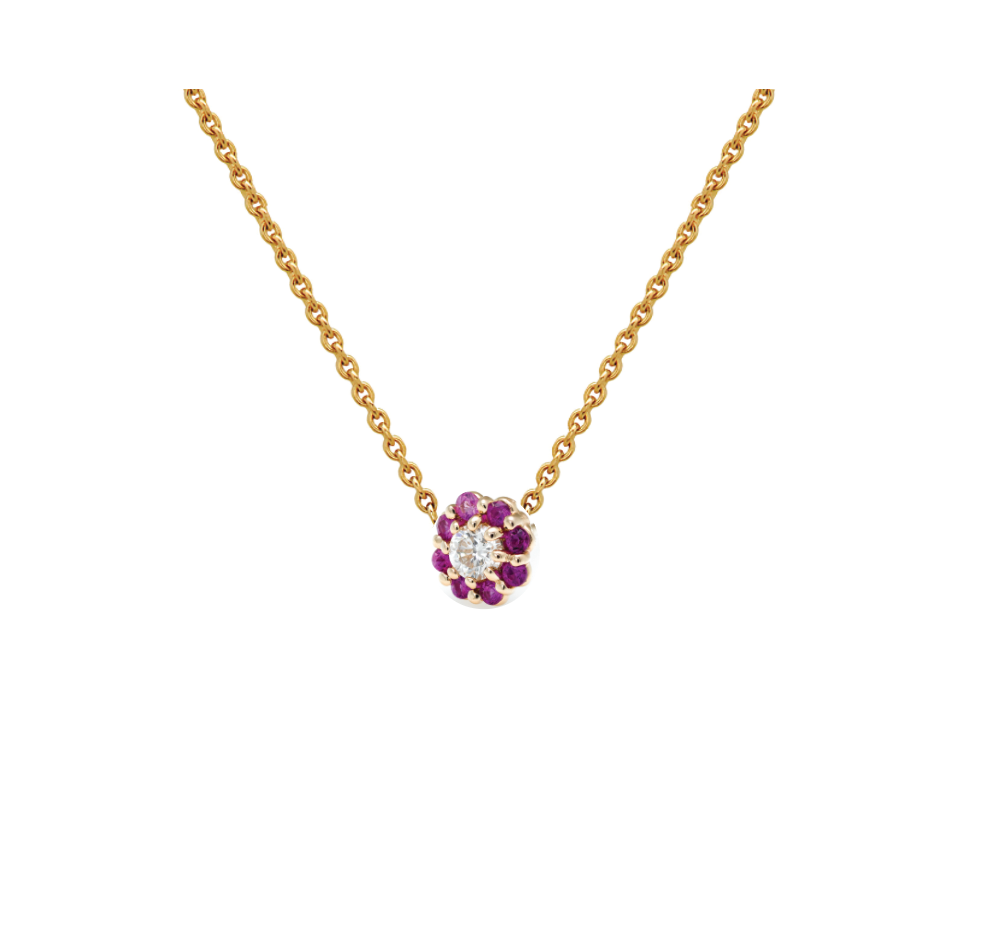 IRINI FULL BLOOM BUD NECKLACE, PINK SAPPHIRE PETALS DIAMOND CENTER FLOWER ON 14K YELLO GOLD CHAIN, YOUR NEW HEIRLOOM, ELEGANT AND CLASSIC