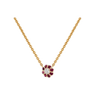 IRINI FULL BLOOM BUD NECKLACE, RUBY PETALS DIAMOND CENTER FLOWER ON 14K YELLO GOLD CHAIN, YOUR NEW HEIRLOOM, ELEGANT AND CLASSIC