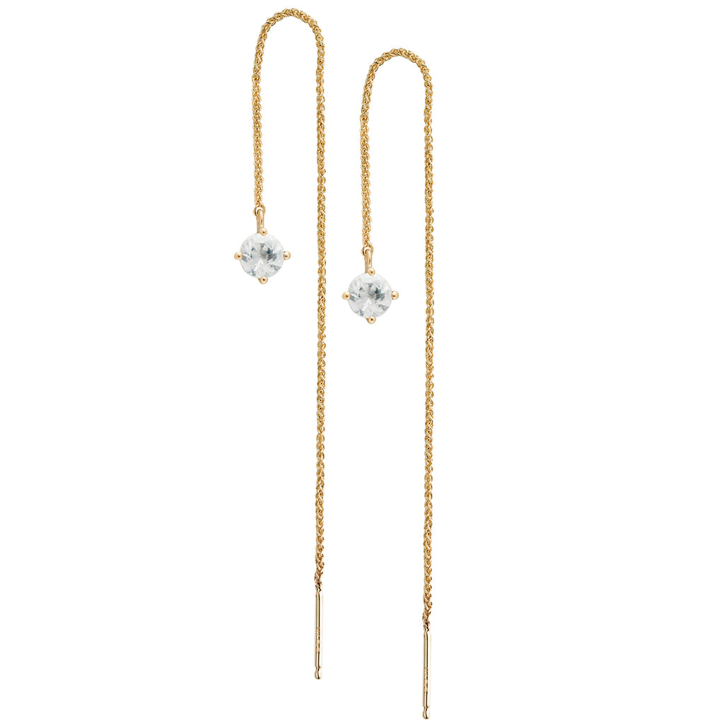 IRINI Gem Drop thread earring in 14k gold with a brilliant white sapphire gemstone, simple, delicate perfection