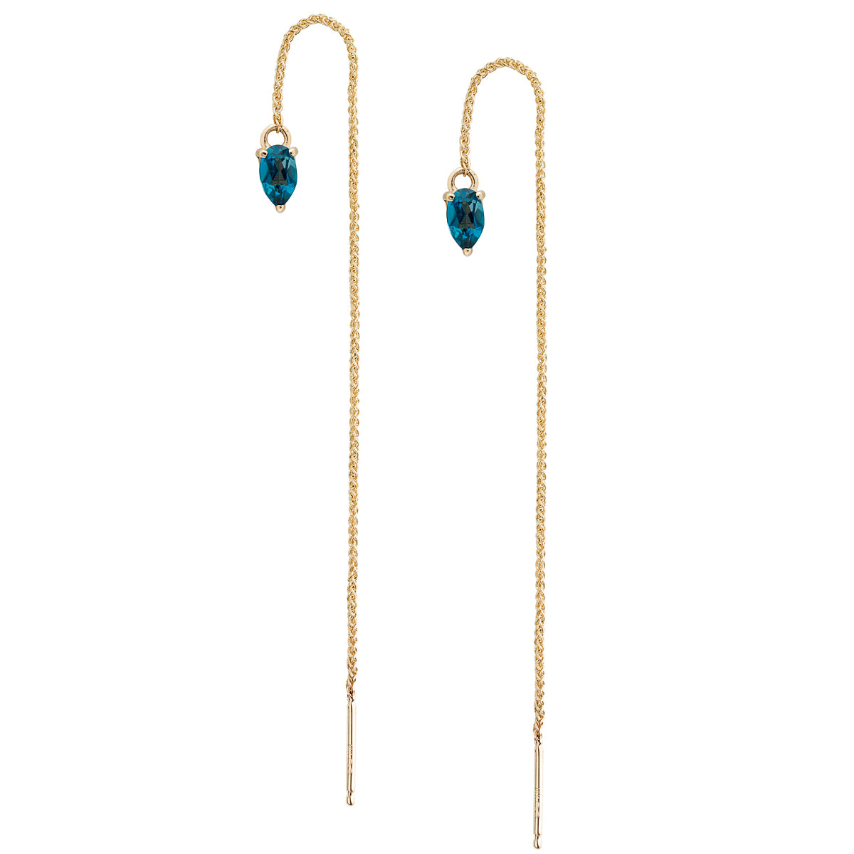 IRINI Gem Drop thread earring in 14k gold with pear shape London Blue Topaz gemstone, simple, delicate perfection