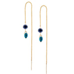 IRINI Gem Drop thread earring in 14k gold with a brilliant iolite and london blue topaz gemstone, simple, delicate perfection