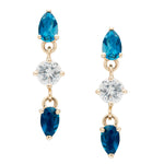 IRINI  Triple Gem Drop earring in 14k gold with blue topaz, white sapphire, and london blue topaz gemstone, simple, delicate perfection