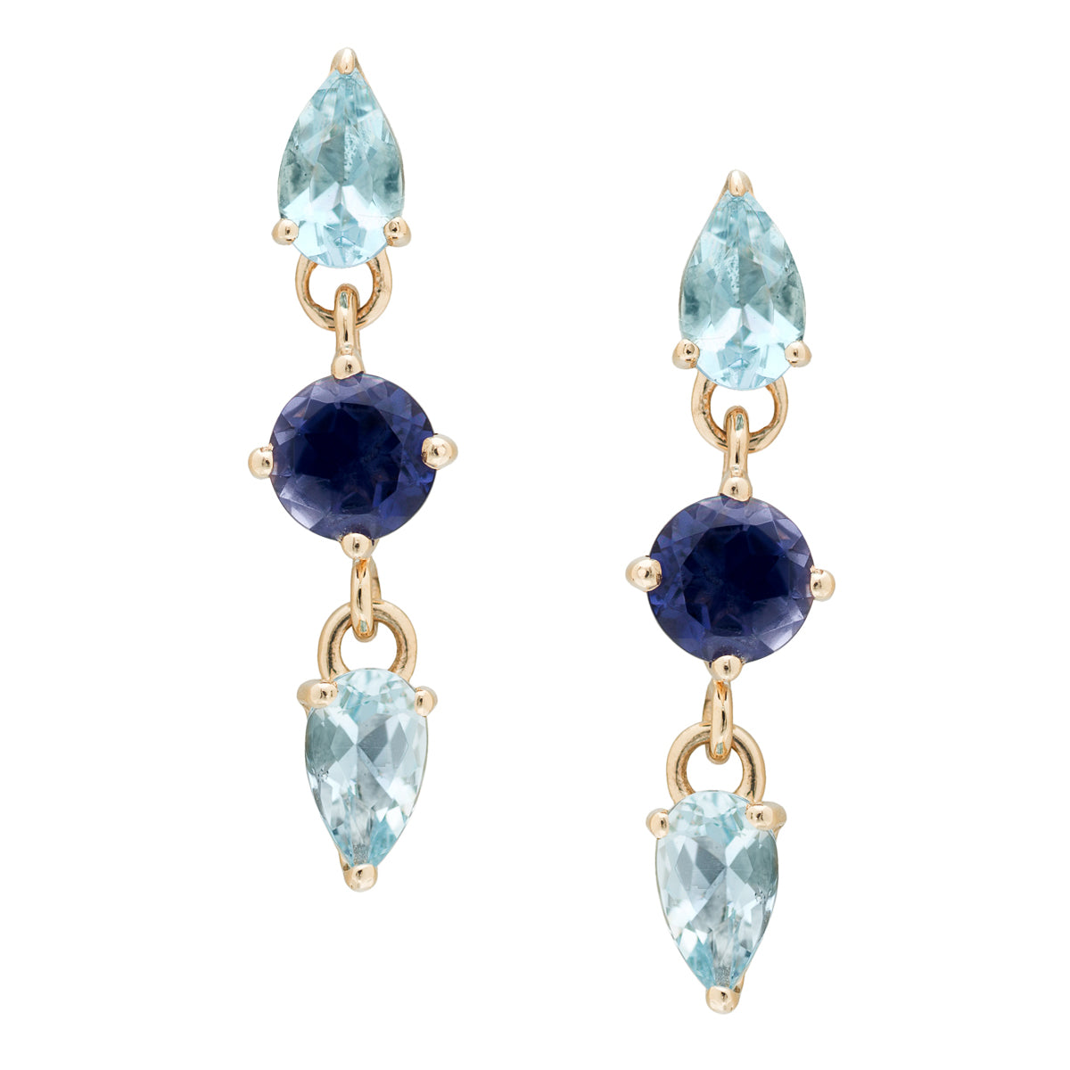 IRINI  Triple Gem Drop earring in 14k gold with iolite and light blue topaz gemstone, simple, delicate perfection