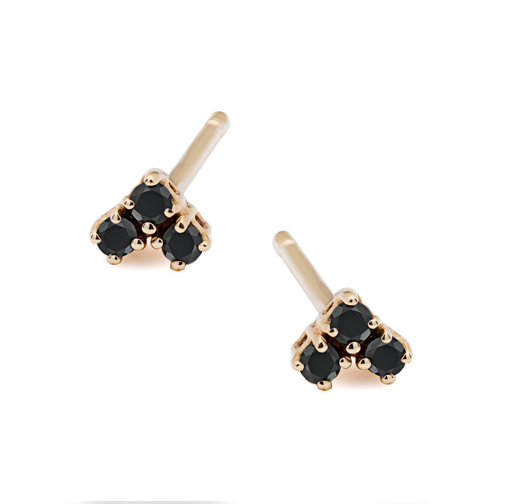 Mini black diamond trio stud earrings, post back,14k gold, ideal for multi piercing or update to the classic stud. made in nyc