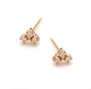 Mini white diamond trio stud earrings, post back,14k gold, ideal for multi piercing or update to the classic stud. made in nyc
