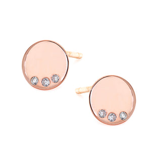 MINI 14k gold disc earring with three white diamond details, post back.  Perfect as your new go to pair for every day , ideal for multiple piercings, made in nyc, available in rose gold, yellow gold, white gold