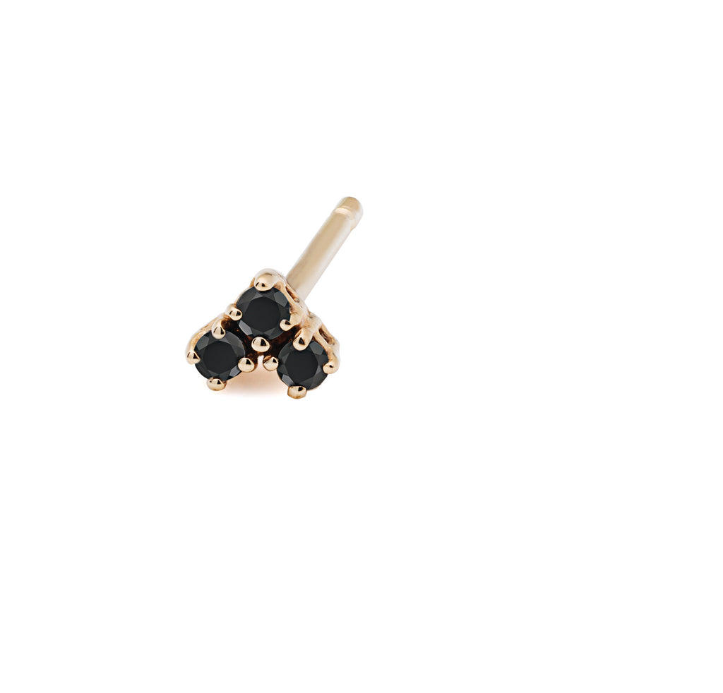 Mini black diamond trio stud earrings, post back,14k gold, ideal for multi piercing or update to the classic stud. made in nyc