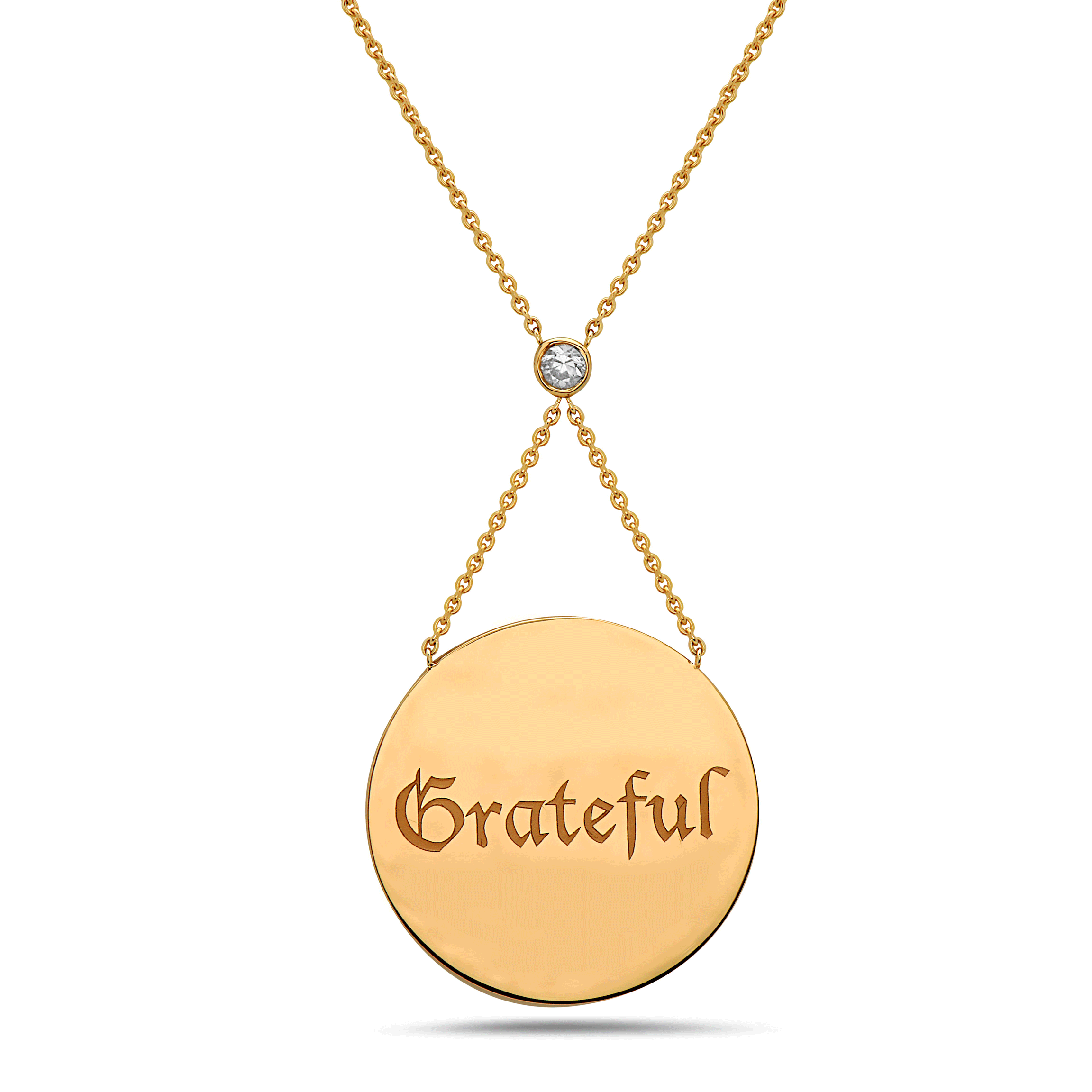 14K gold,GRATEFUL, expression necklace, inspire someone or keep a meaning close to your heart, 18" gold chain with white diamond, available to custom design your unique expression