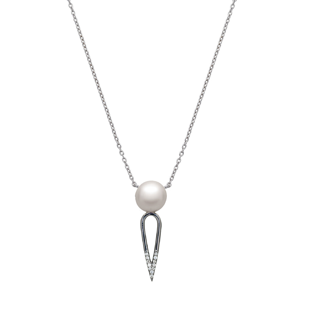 IRINI SOLO PEARL  ON BLACK RHODIUM PLATED DIAMOND DIPPED DAGGER, STERLING SILVER  NECKLACE , CLASSIC AND  EDGY