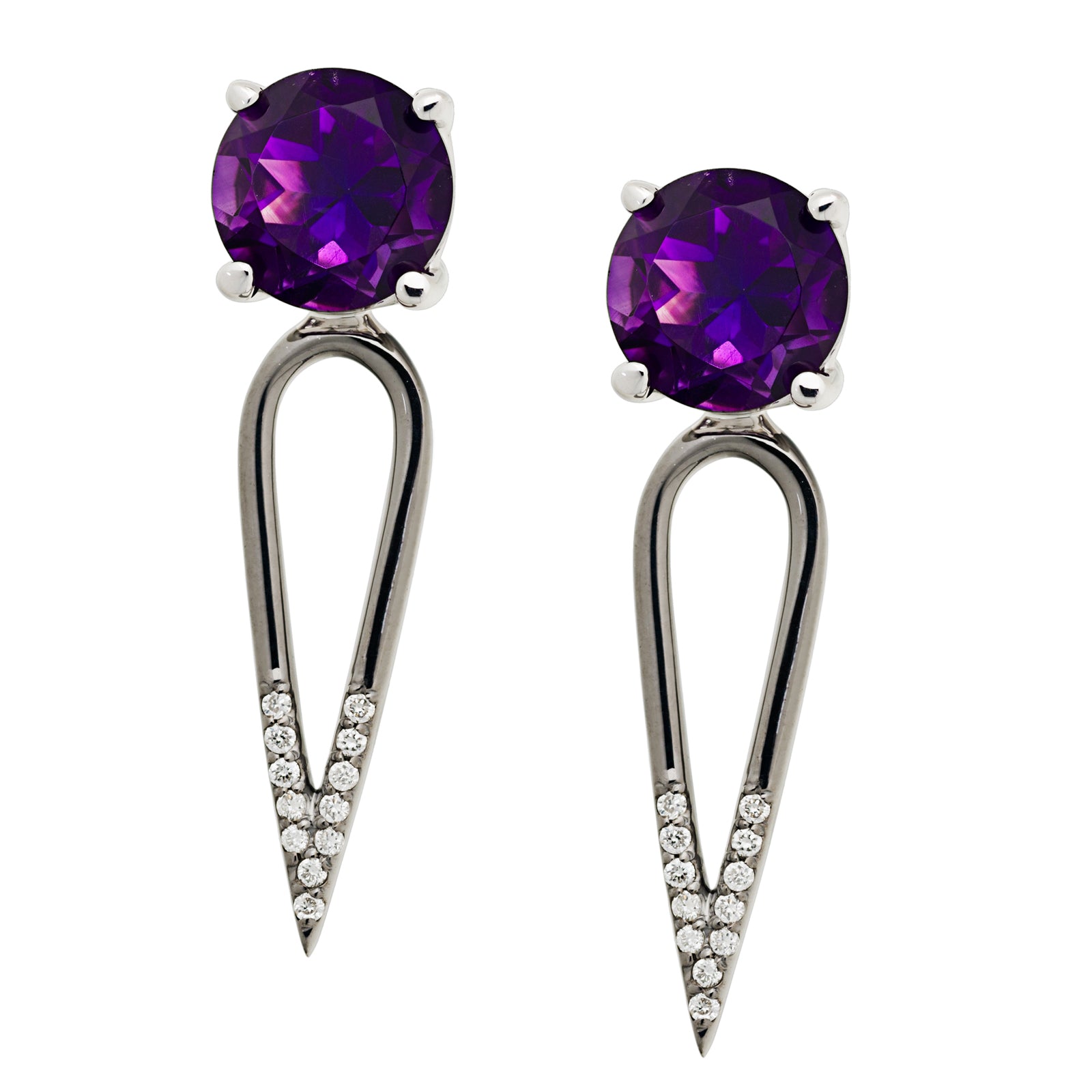 Irini Amethyst gem stone diamond dipped dagger earrings, sterling silver, black rhodium plating, white diamonds are edgy yet elegant and the perfect gift, made in nyc