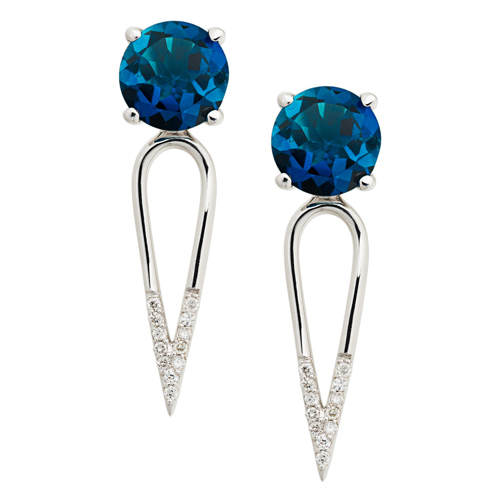 Irini London Blue Topaz gem stone diamond dipped dagger, sterling silver earrings are edgy yet elegant and the perfect gift, made in nyc