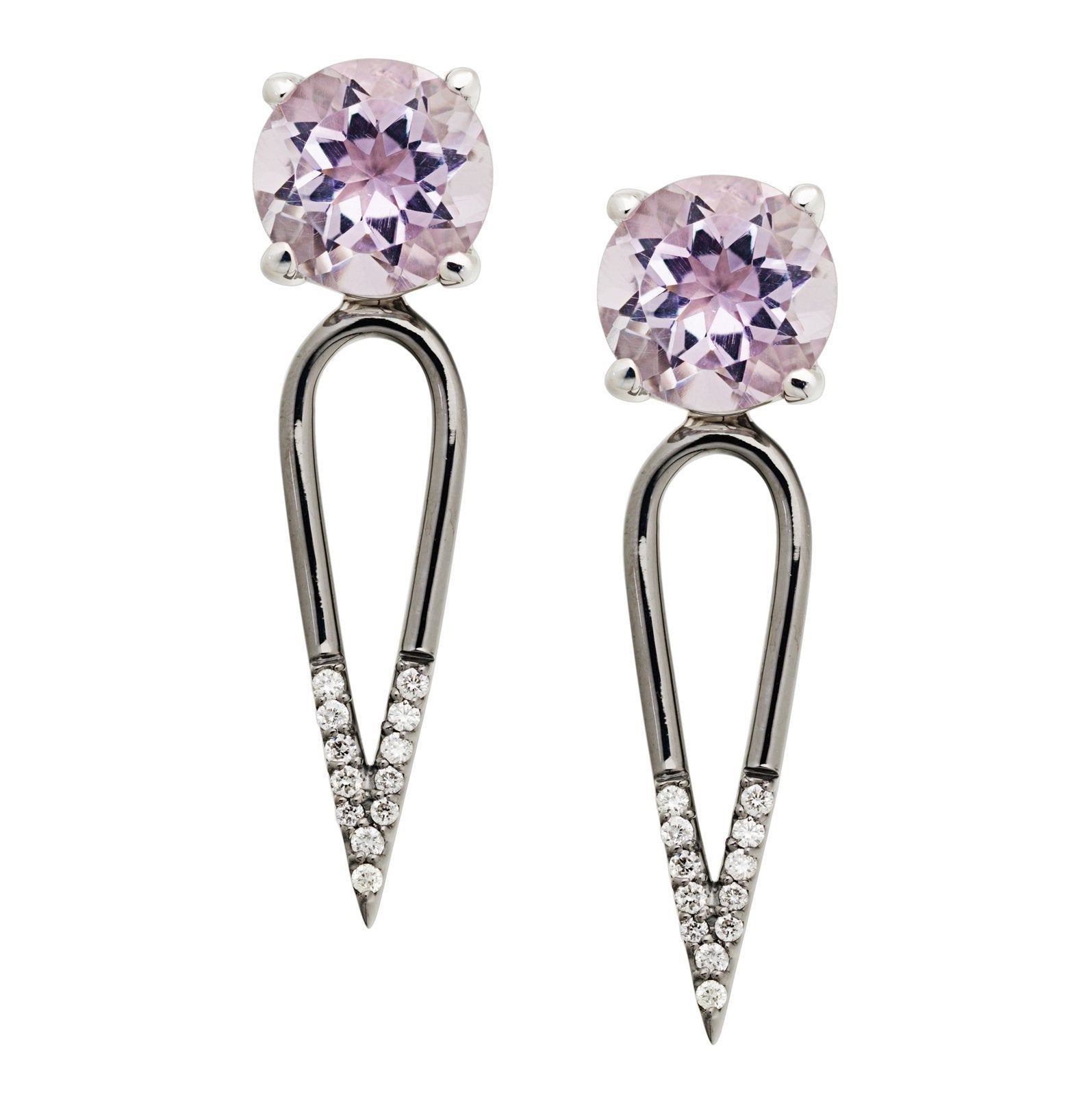 Irini Pink Amethyst gem stone diamond dipped dagger, sterling silver earrings are edgy yet elegant and the perfect gift, made in nyc