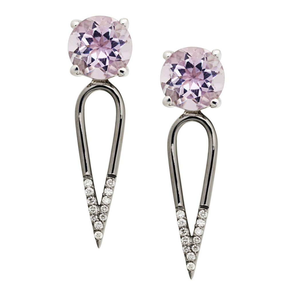 Irini Pink Amethyst gem stone diamond dipped dagger, sterling silver earrings are edgy yet elegant and the perfect gift, made in nyc