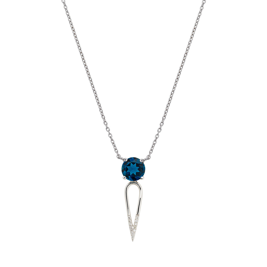 London Blue Topaz Gem Stone, diamond dipped dagger, sterling silver necklace, edgy yet elegant 18" chain, made in NYC