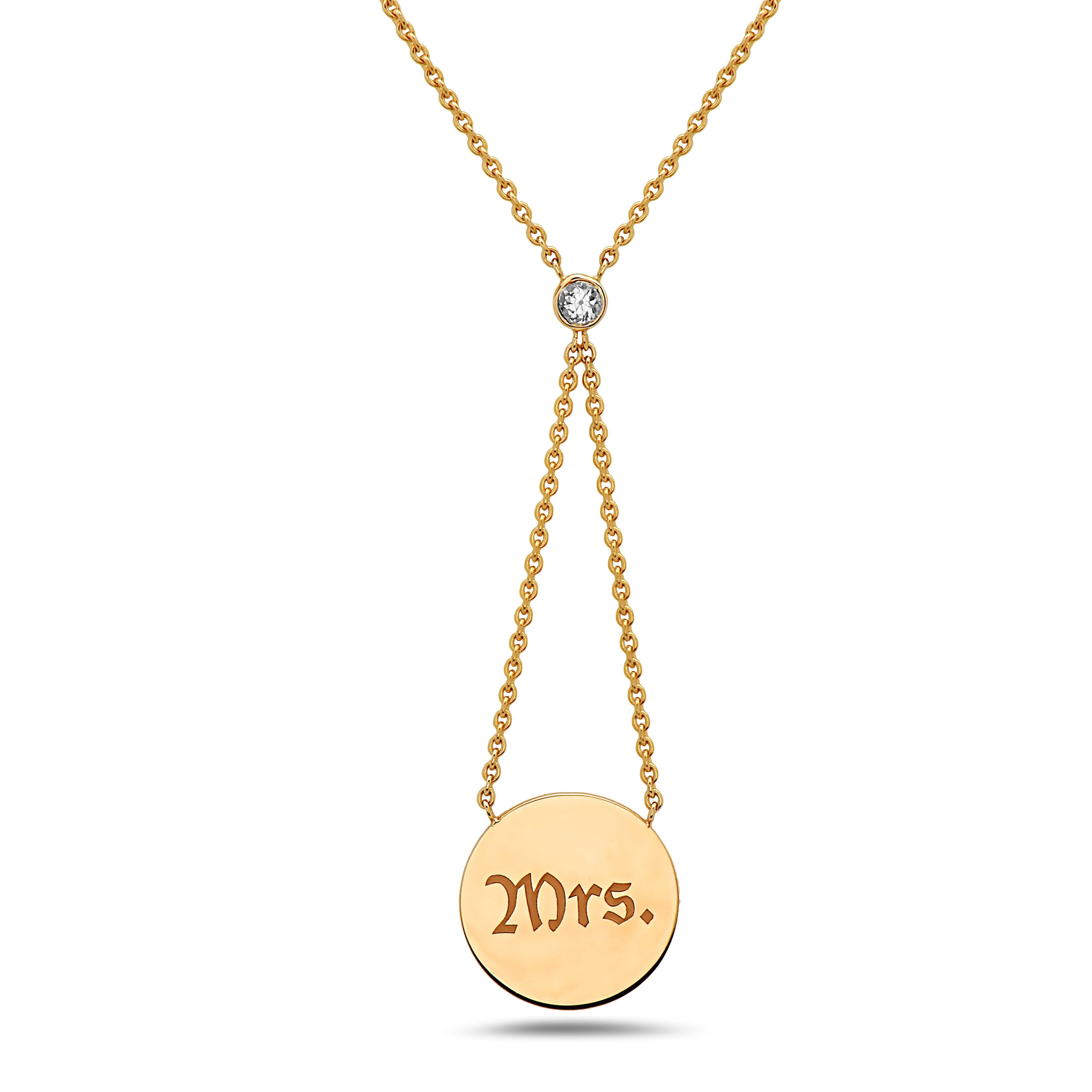 Irini Expression Necklace, Engraved 14k gold disc "Mrs." on gold chain with bezel set diamond 