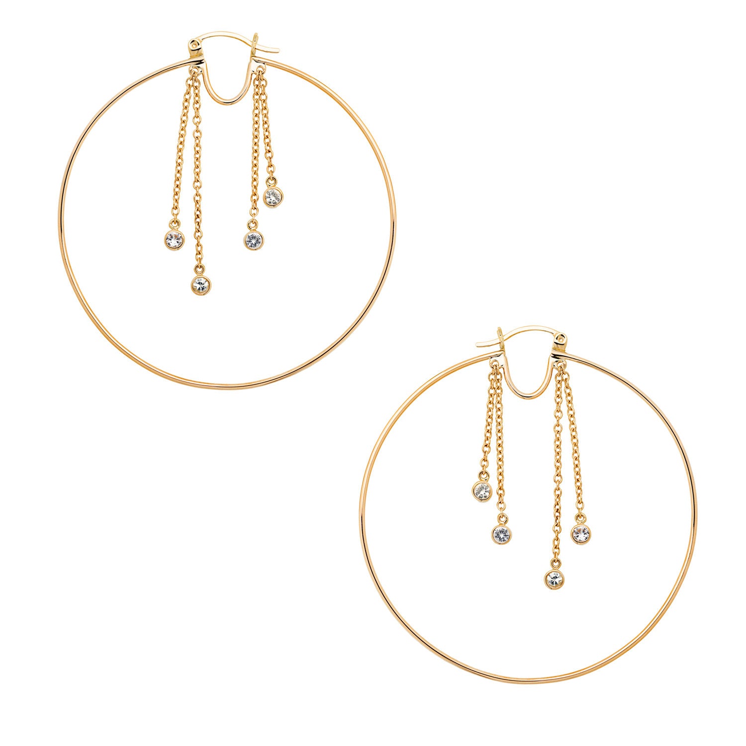 Irini 14k gold large hoop with chain details, bezel hugged white sapphires, the update to class hoop earrings, made in NYC a must have