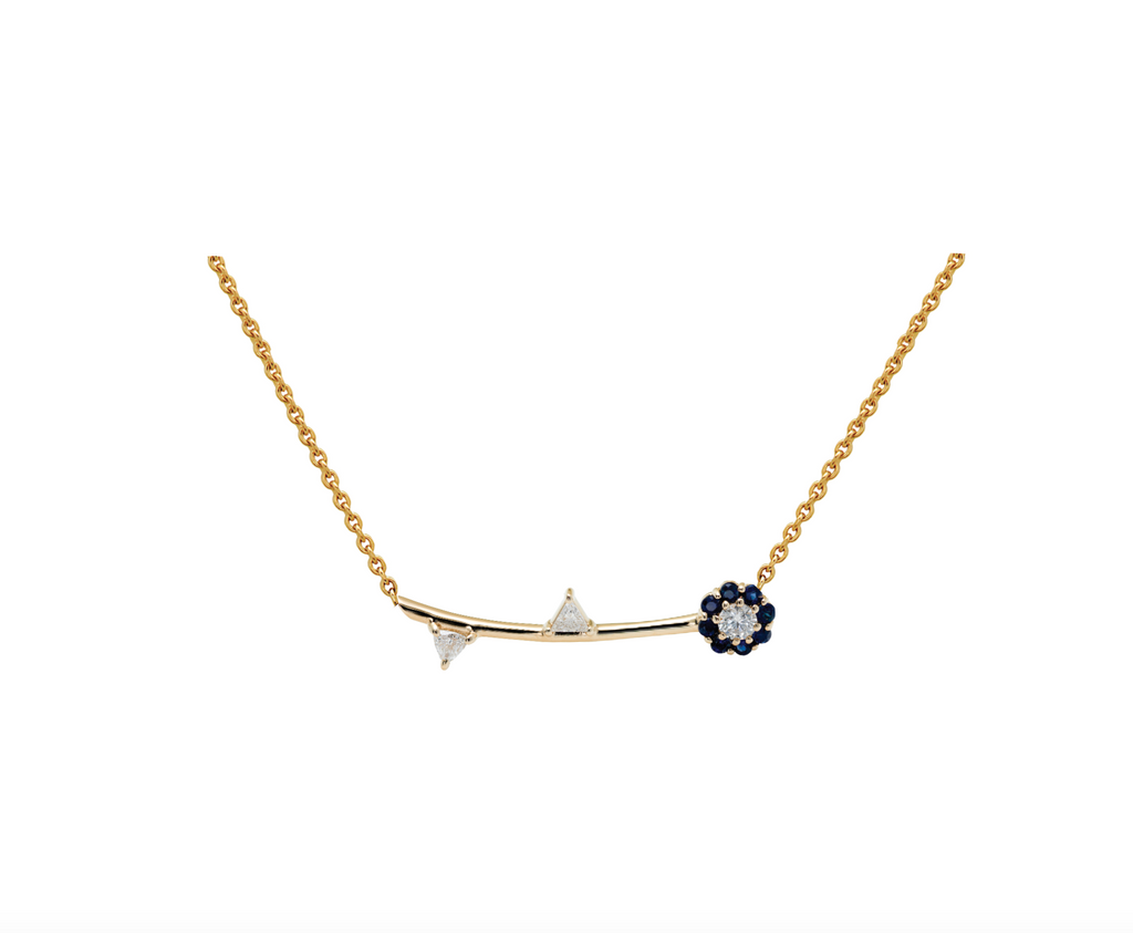 IRINI FULL BLOOM NECKLACE, BLUE SAPPHIRE PETALS WITH WHITE DIAMOND CENTER AND WHITE DIAMOND LEAVES, ELEGANT, CLASSIC, YOUR NEW HEIRLOOM