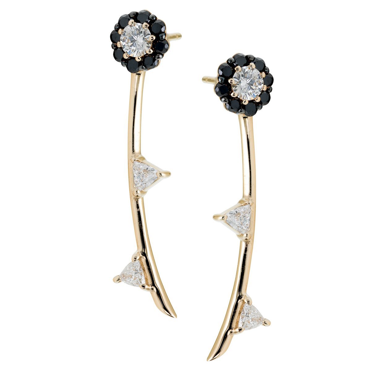 Irini Black Diamond Full Bloom Earrings with white diamond leaves in 14k gold, post back  can be work as a pair or as a single earring, a edgy design to a classic design, made in nyc