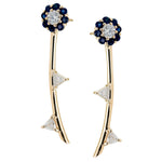 Irini Blue Sapphire Full Bloom Earrings with white diamond leaves in 14k gold, post back  can be work as a pair or as a single earring, a edgy design to a classic design, made in nyc