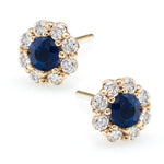 IRINI FULL BLOOM FLOWER EARRINGS, DIAMOND PETALS WITH BLUE SAPPHIRE CENTER, 14K GOLD WITH POST BACK, YOUR NEW CLASSIC AND GO TO EARRING, MADE IN NYC