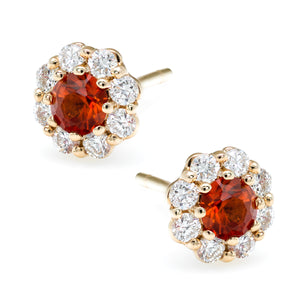 IRINI FULL BLOOM FLOWER EARRINGS, DIAMOND PETALS WITH ORANGE SAPPHIRE CENTER, 14K GOLD WITH POST BACK, YOUR NEW CLASSIC GO TO EARRINGS, MADE IN NYC