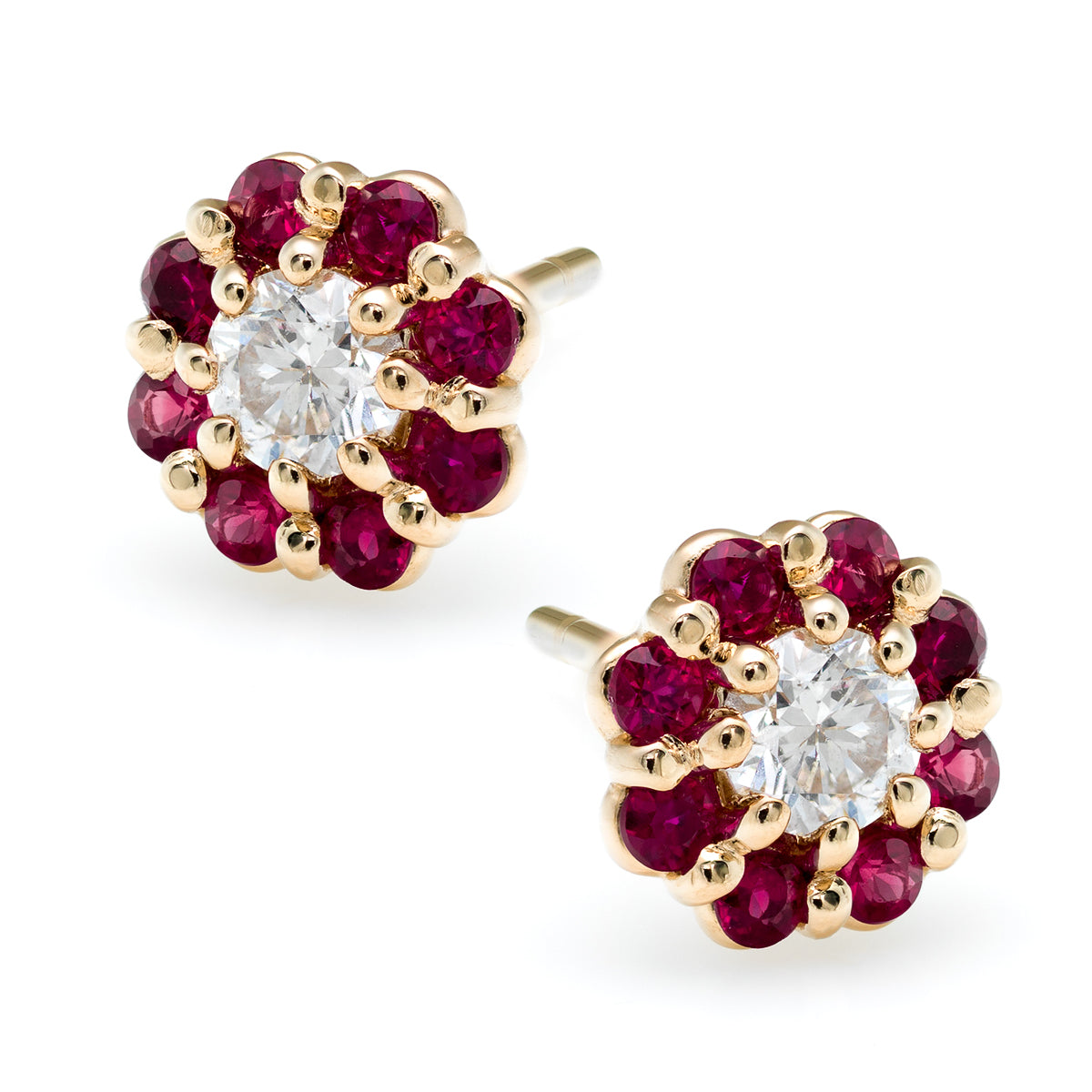 Irini Ruby and diamond petite full bloom flowers, post back14k gold earrings, these beauties will be your new classic and go to 