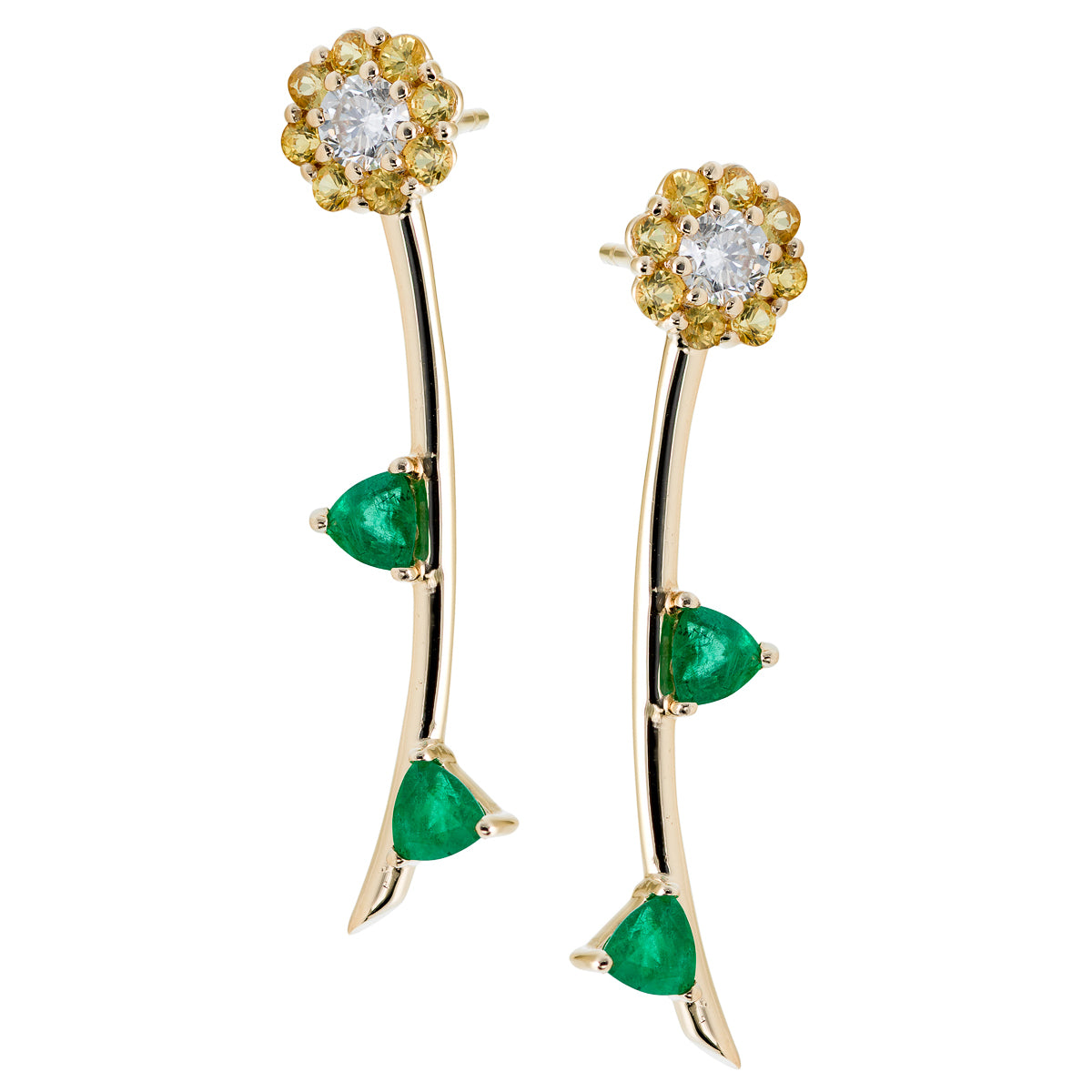 Irini Full Bloom, Emerald, Diamond and Yellow Sapphire earrings, post back in 14k gold, diamond flowers that live forever, the new classic earring you need