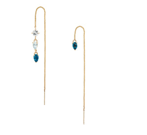 IRINI Gem Drop thread earring in 14k gold with a white sapphire, light blue topaz and london blue topaz gemstone, simple, delicate perfection